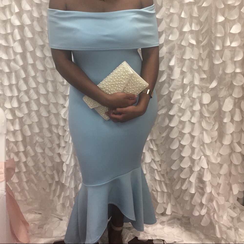 Soft blue off the shoulder dress